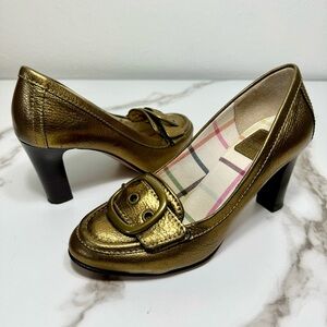 Coach Hillory Metalic Gold Bronze Leather Buckle Slip On Women’s Heeled Pumps, 6